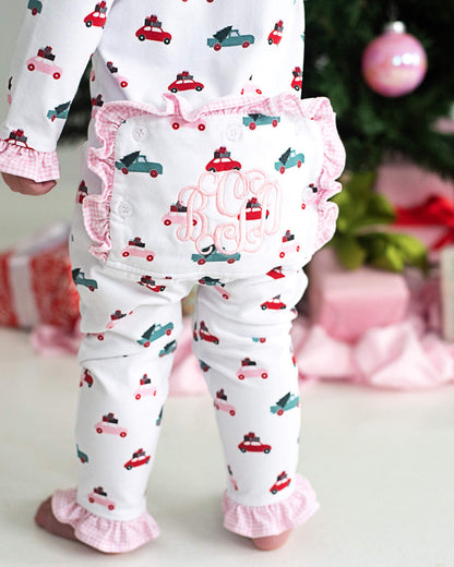 Pink, Red And Green Christmas Cars Knit Zipper Pajamas