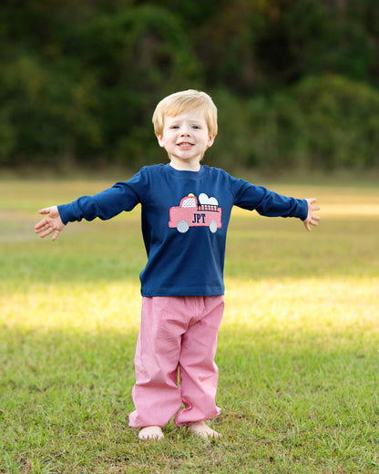 Navy And Red Gingham Applique Valentine Firetruck Pant Set