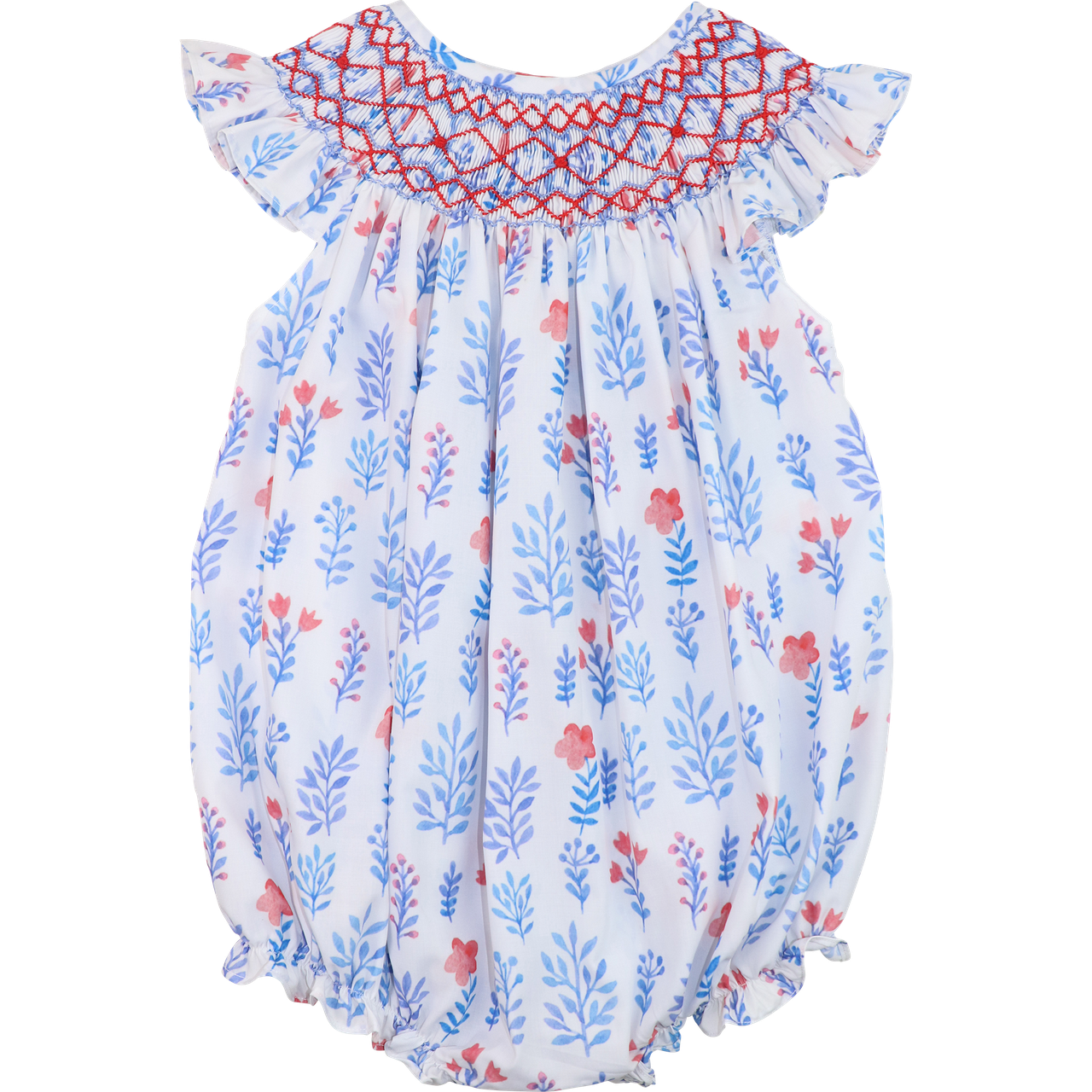 Blue And Red Floral Smocked Bubble