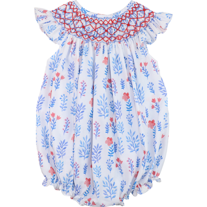 Blue And Red Floral Smocked Bubble