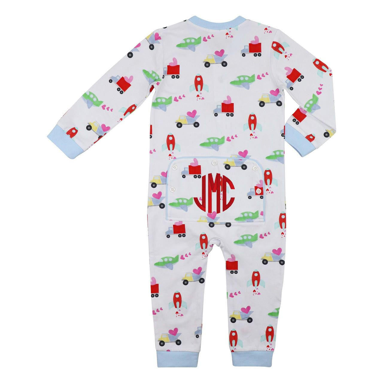 Rocket And Truck Valentine Knit Zipper Pajamas   Monogram