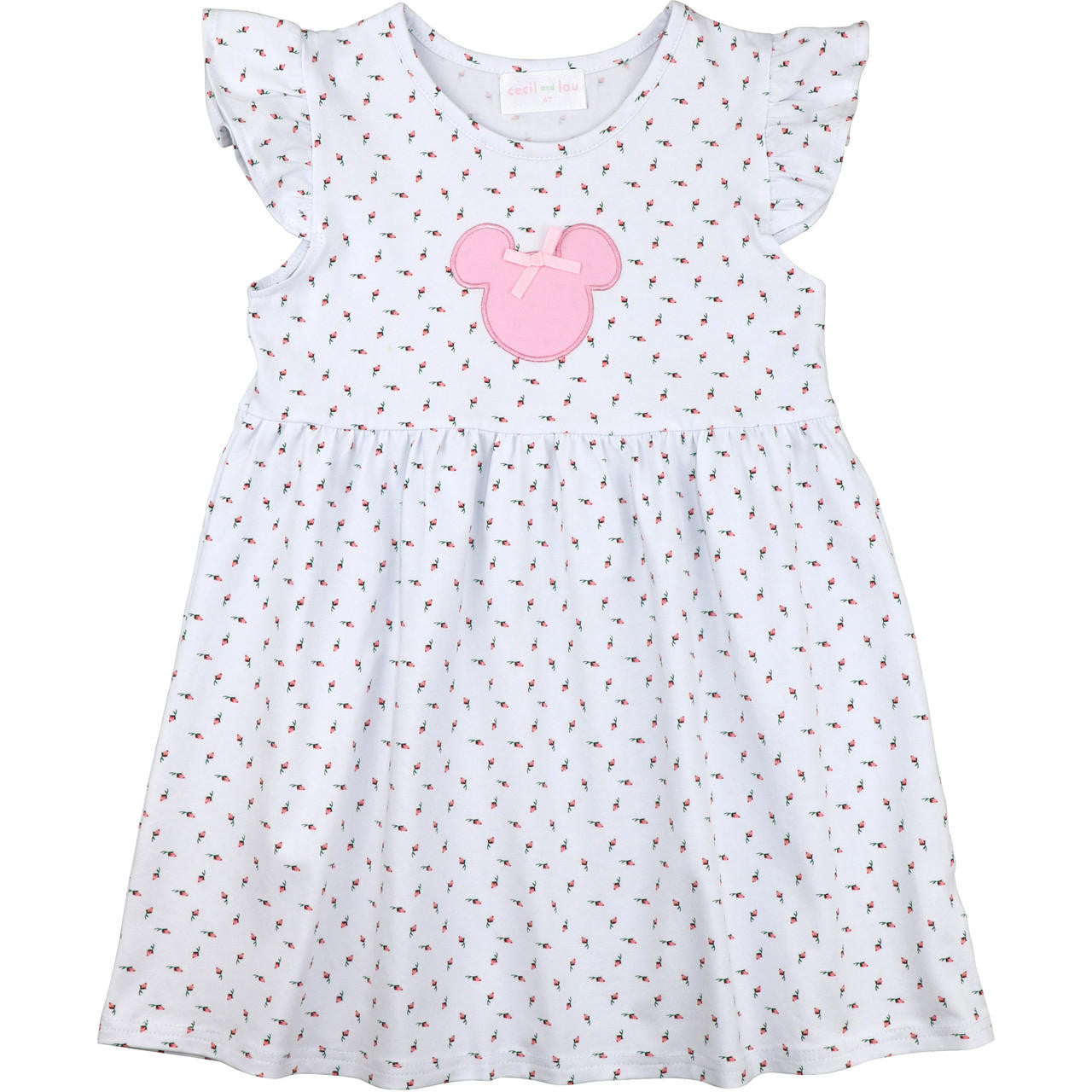 Rosebud Print Applique Mouse Ears Dress Smocked Threads