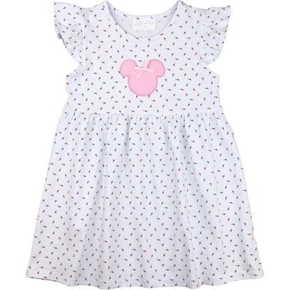 Rosebud Print Applique Mouse Ears Dress Smocked Threads