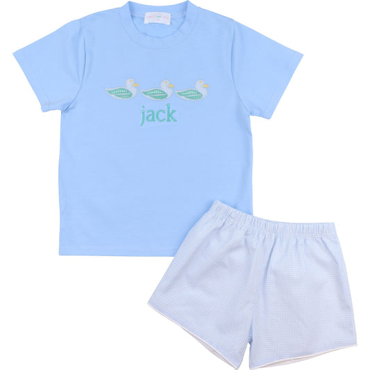 Blue Gingham Applique Ducks Short Set