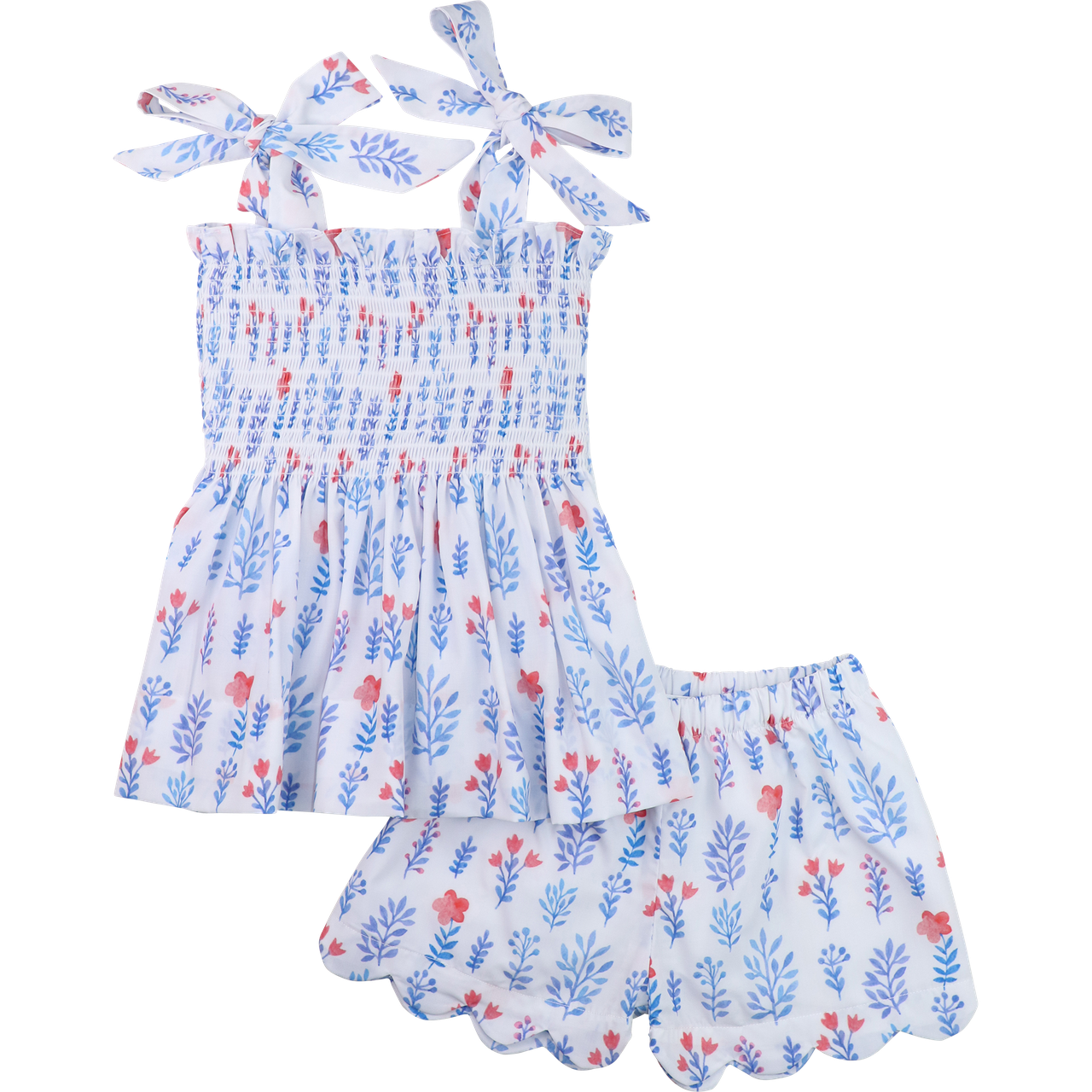 Blue And Red Floral Smocked Scalloped Short Set