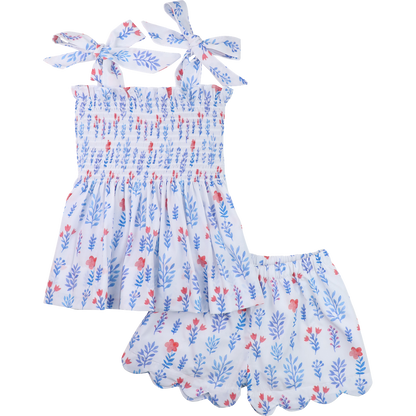 Blue And Red Floral Smocked Scalloped Short Set