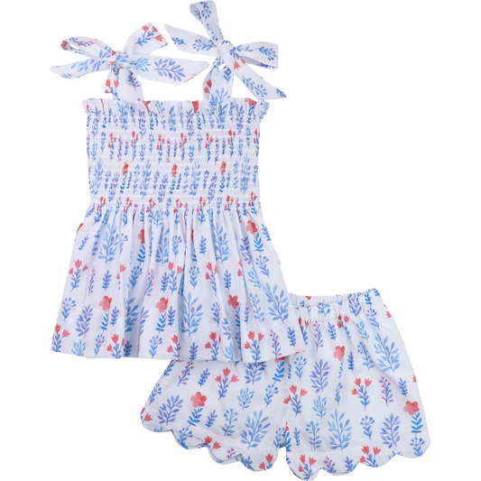 Blue And Red Floral Smocked Scalloped Short Set