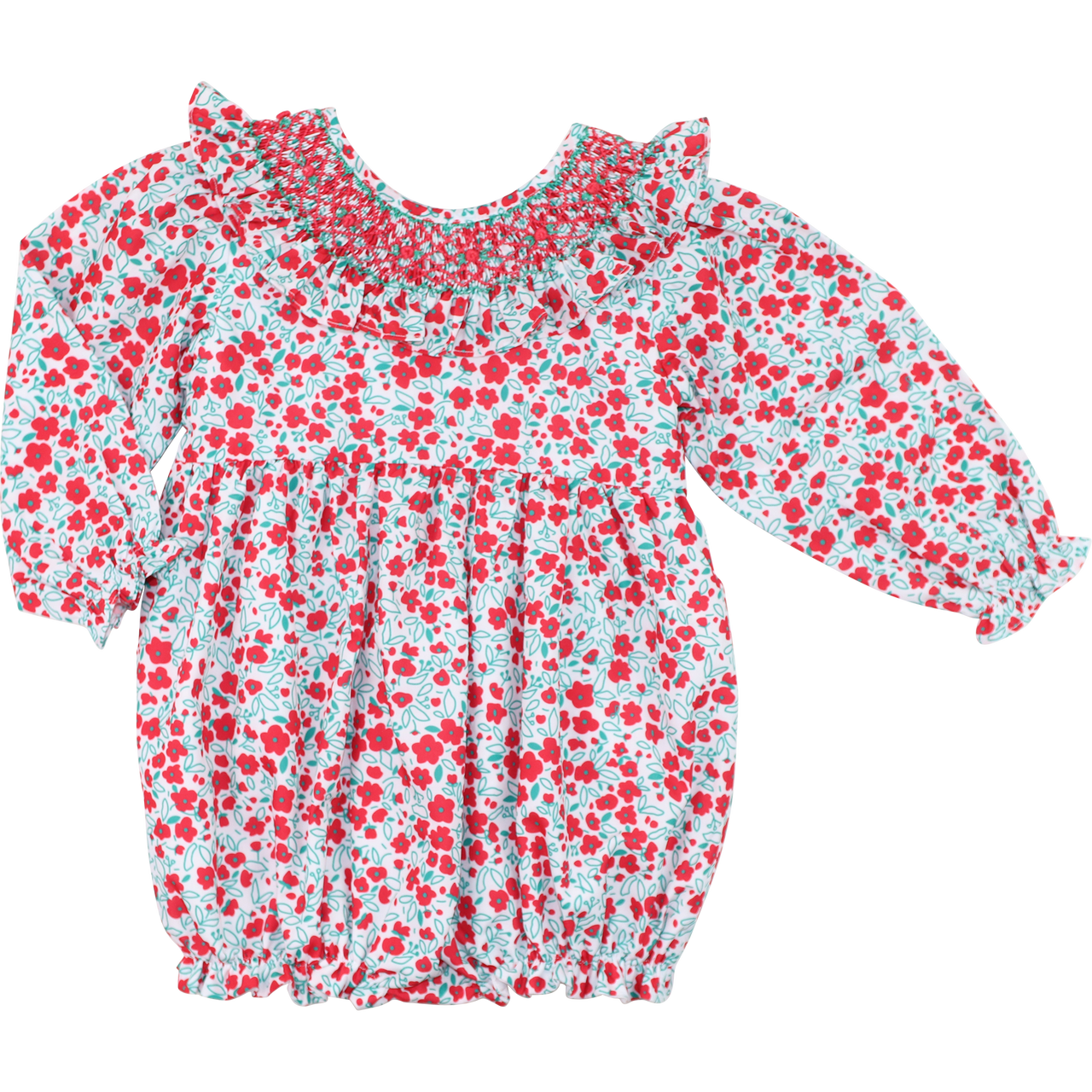 Red And Green Floral Smocked Ruffle Bubble