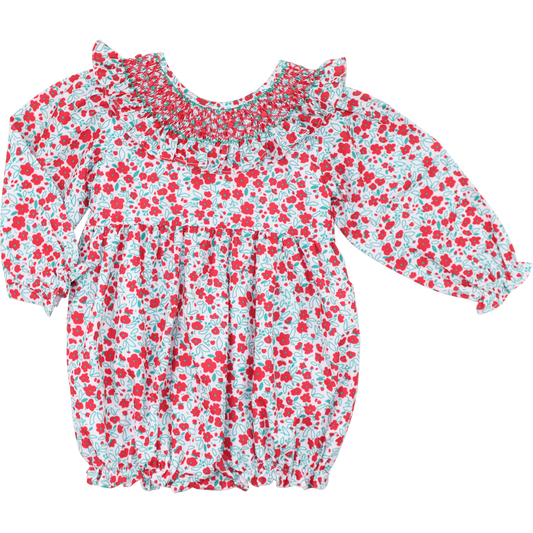 Red And Green Floral Smocked Ruffle Bubble