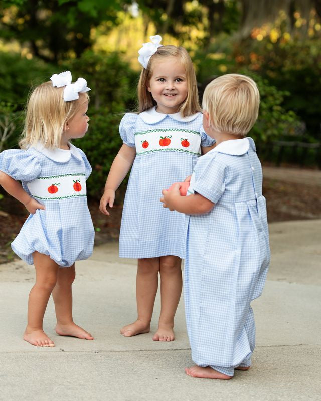 Blue Gingham Smocked Pumpkin Bubble