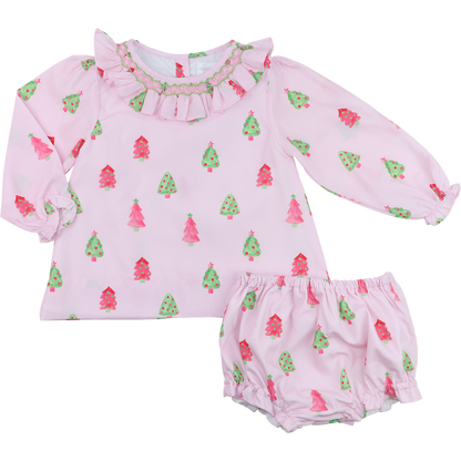 Pink And Green Smocked Christmas Trees Diaper Set