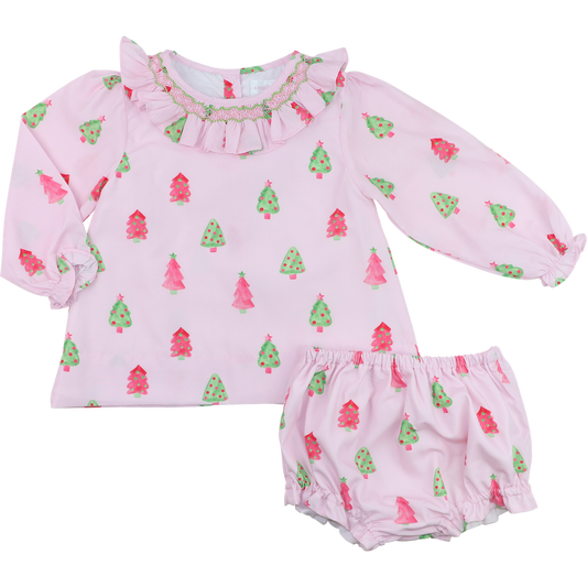 Pink And Green Smocked Christmas Trees Diaper Set