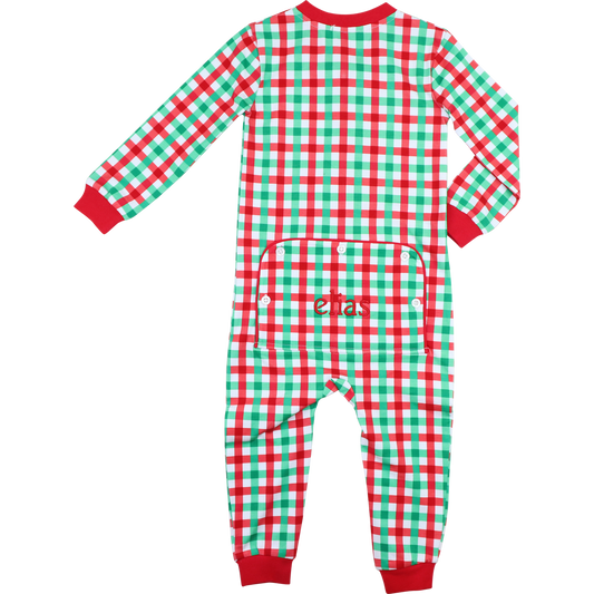 Green And Red Check Knit Zipper Pajamas