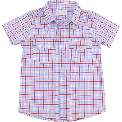 Red And Blue Plaid Pearl Snap Button Down Shirt