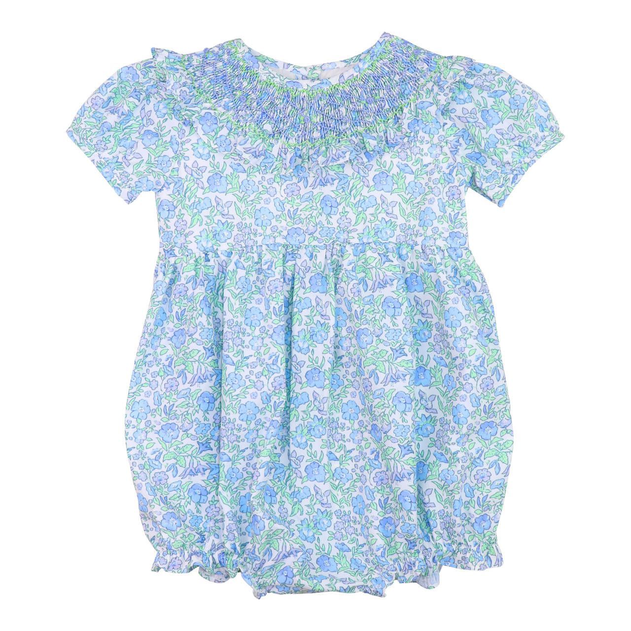 Blue And Green Floral Smocked Bubble