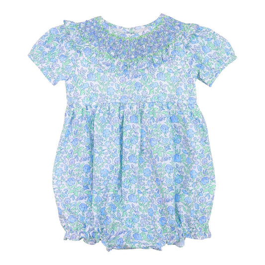 Blue And Green Floral Smocked Bubble