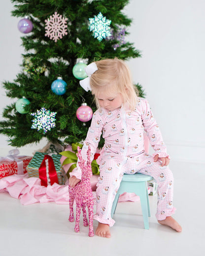 Pink Knit Gingham Santa Face Zipper Pajamas