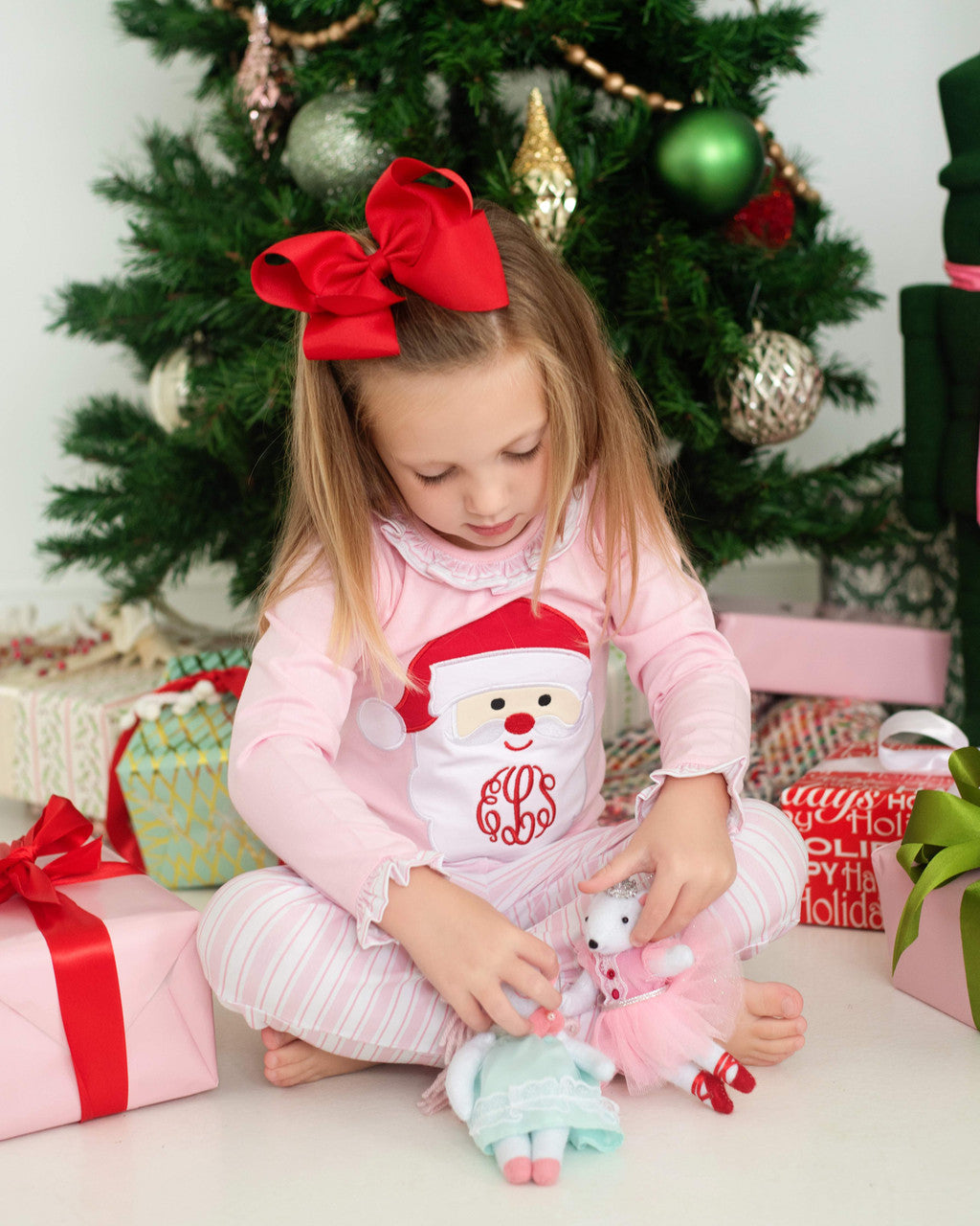 Pink Stripe Applique Santa Knit Pajamas