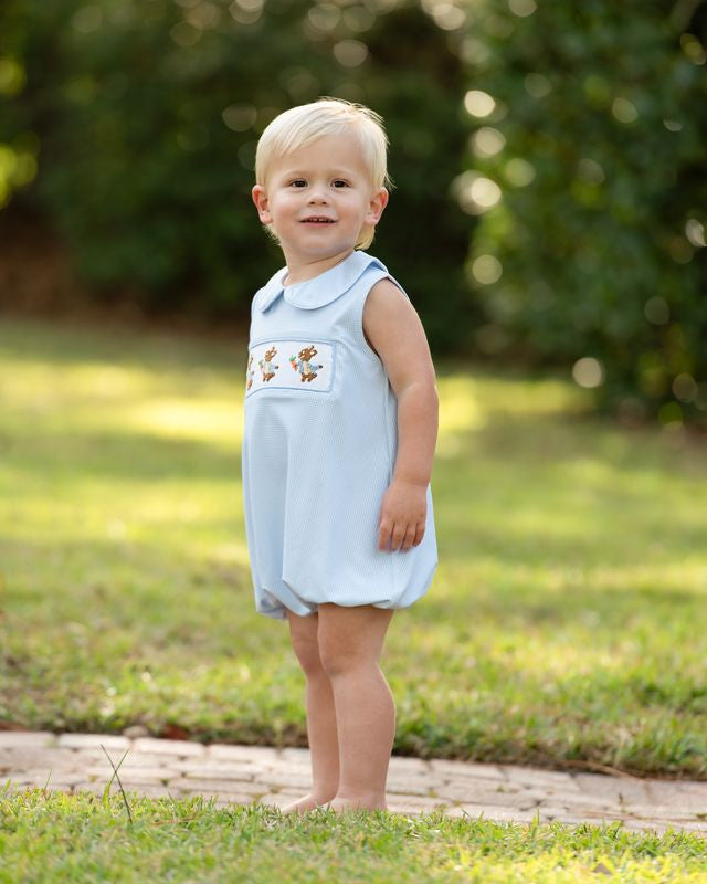 Blue Gingham Knit Smocked Bunnies And Carrot Bubble