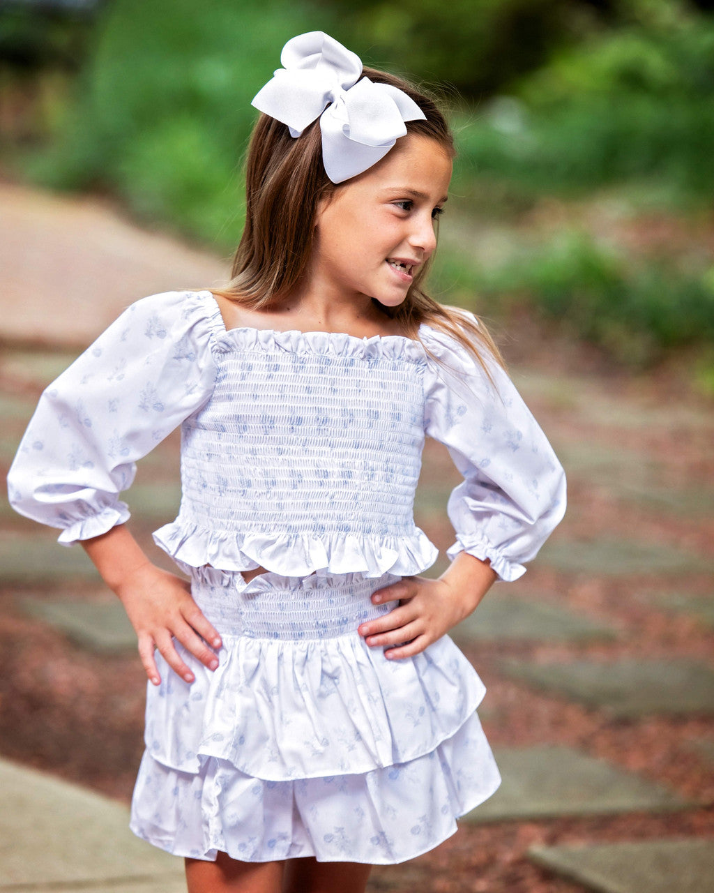 Blue Floral Toile Smocked Skirt Set