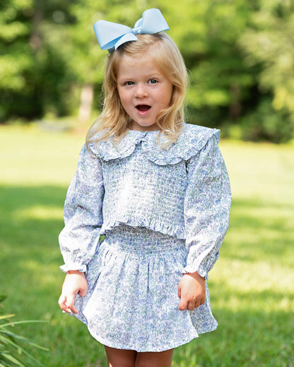 Blue And Green Floral Smocked Ruffle Skirt Set