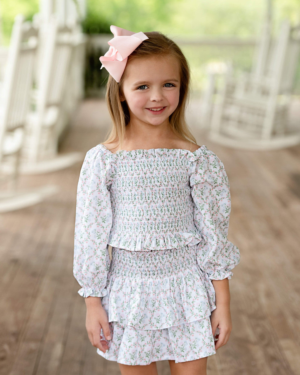 Pink And Blue Hydrangea Smocked Skirt Set