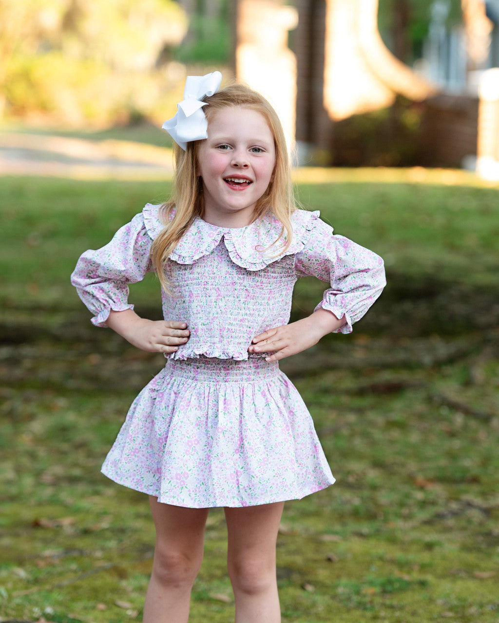 Pink Whimsical Floral Print Ruched Skirt Set