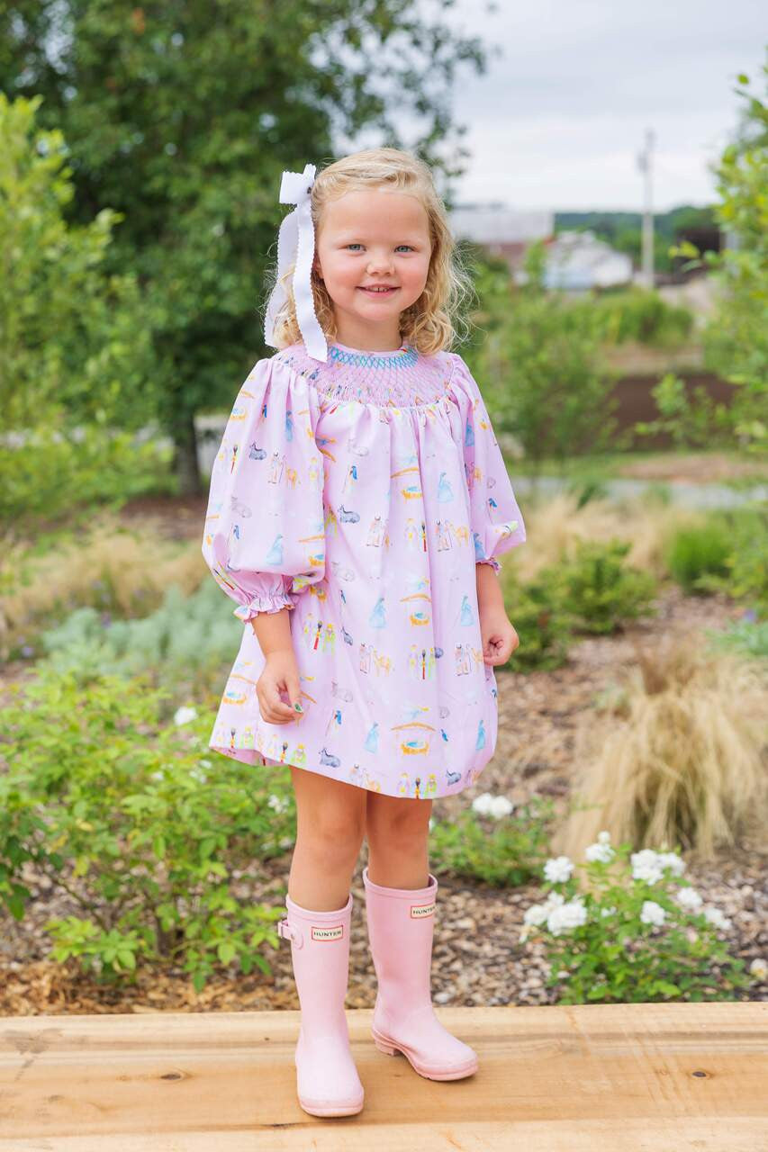 Pink And Blue Smocked Nativity Scene Dress