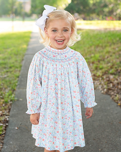 Pink And Blue Floral Smocked Dress