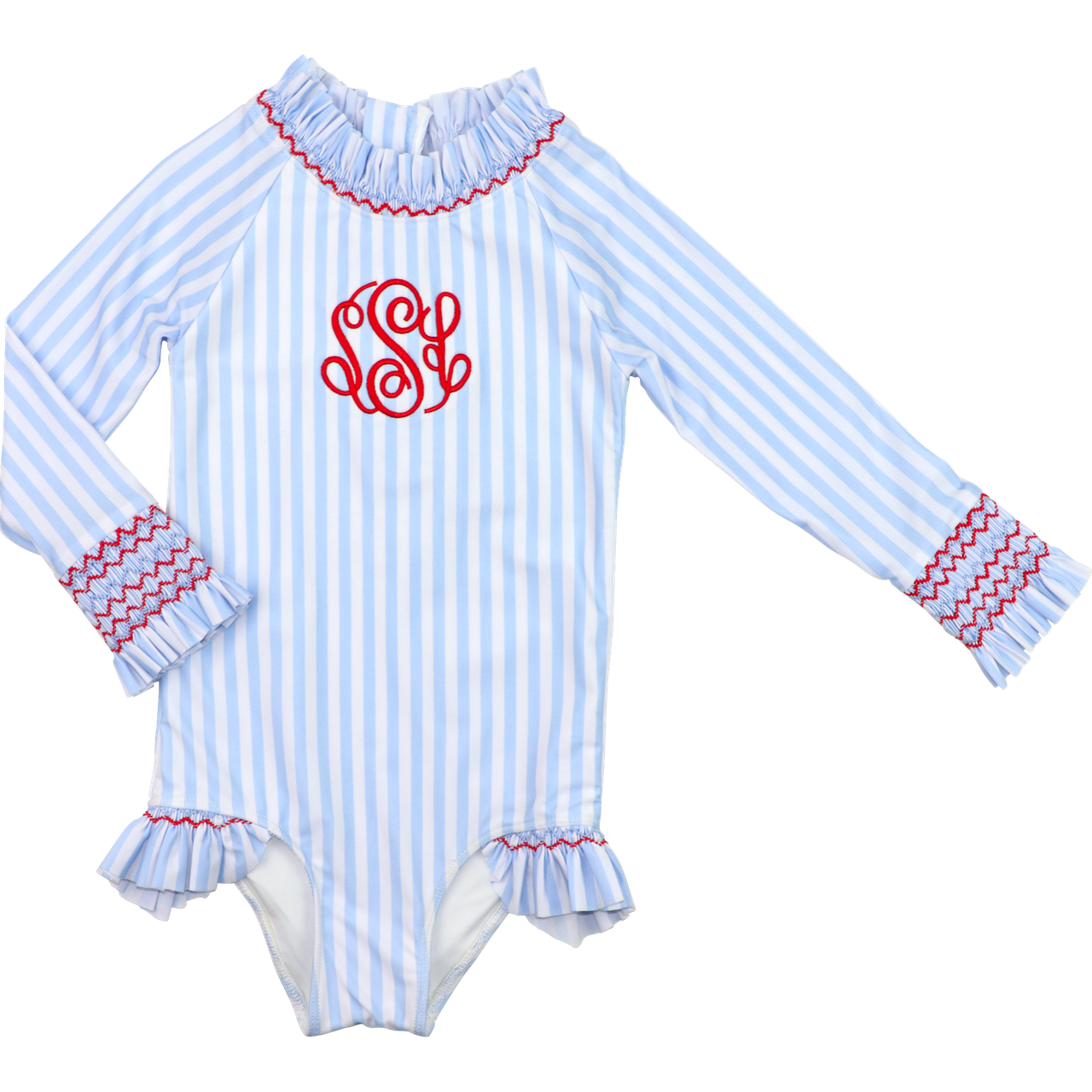 Blue Striped Smocked Lycra Rashguard Swimsuit