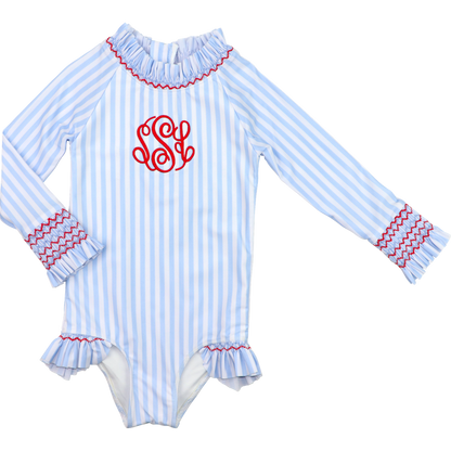 Blue Striped Smocked Lycra Rashguard Swimsuit