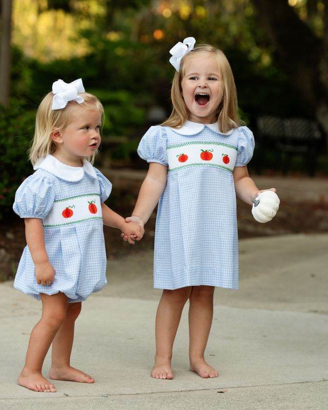 Blue Gingham Smocked Pumpkin Bubble