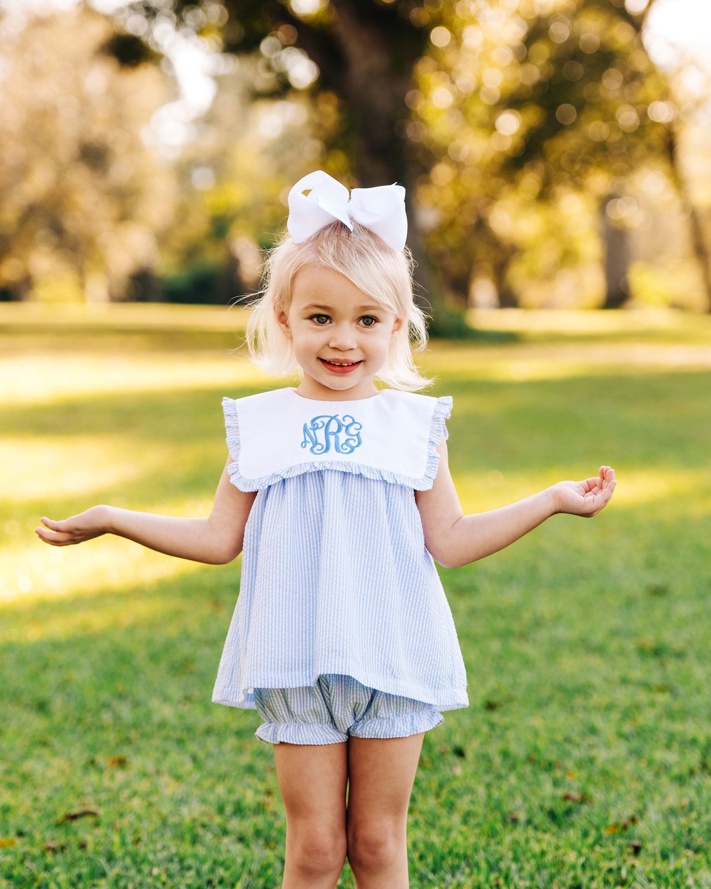 Blue Seersucker Square Collar Diaper Set