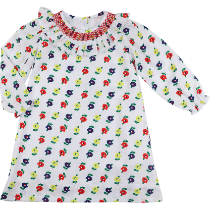 Red Smocked Flower Print Dress