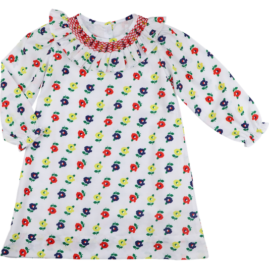 Red Smocked Flower Print Dress