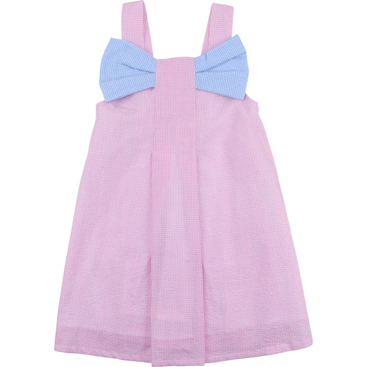 Pink And Blue Seersucker Pleated Bow Dress