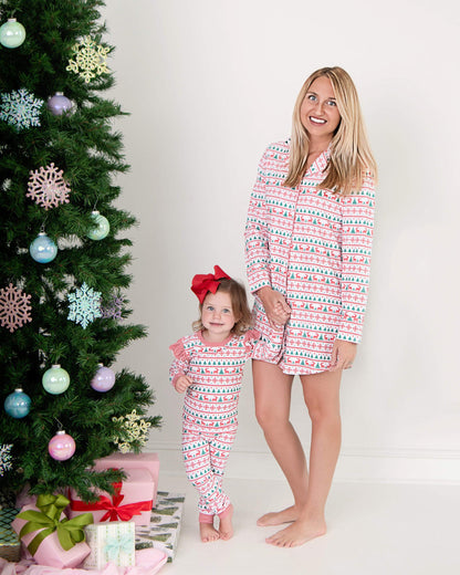 Red And Green Holiday Print Ruffle Knit Pajamas