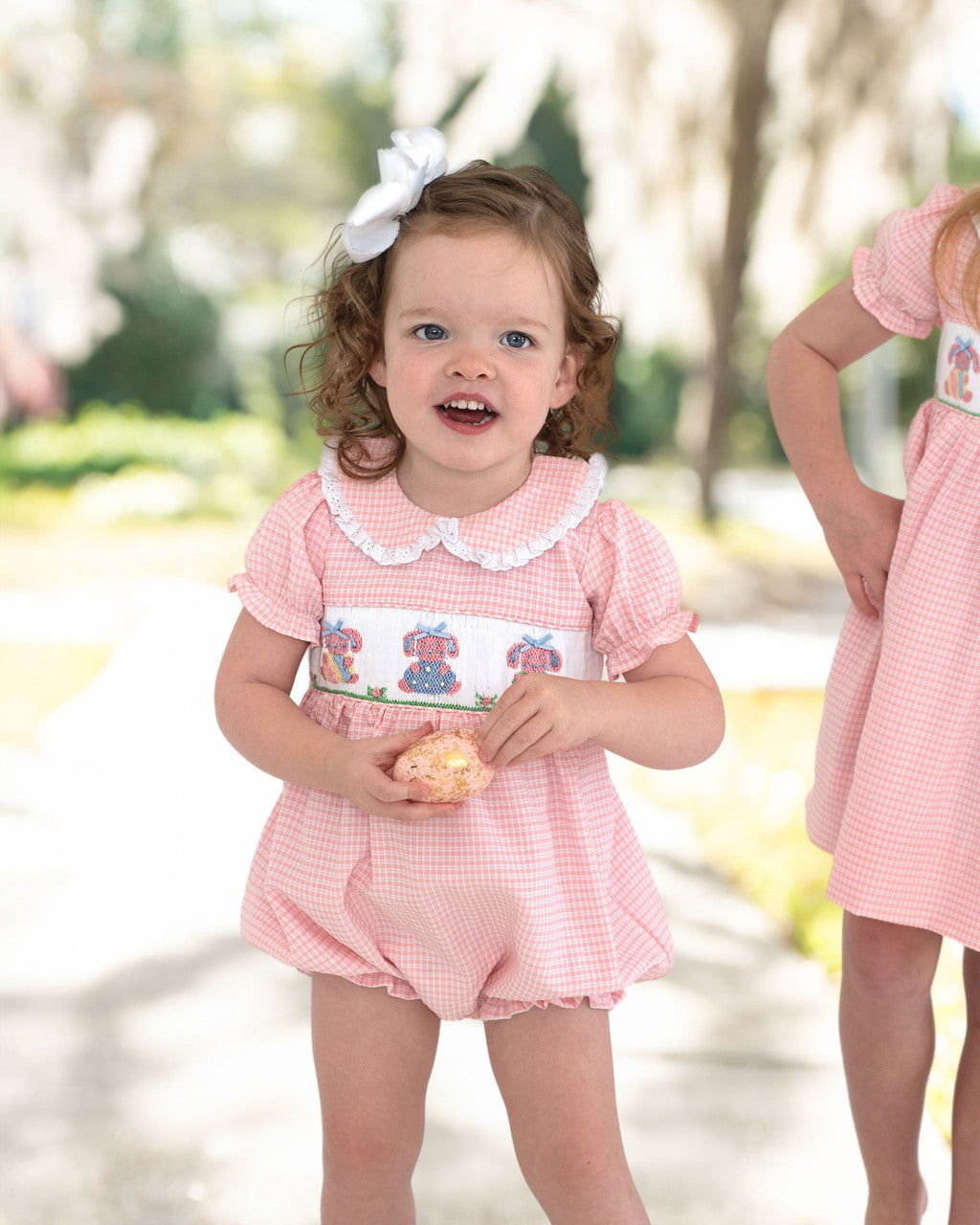 Pink Gingham Seersucker Smocked Easter Bunny Bubble