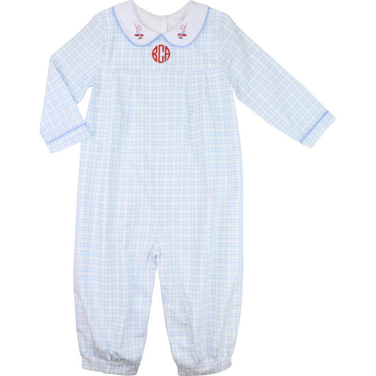 Blue Knit Windowpane Valentine Airplane Long Romper