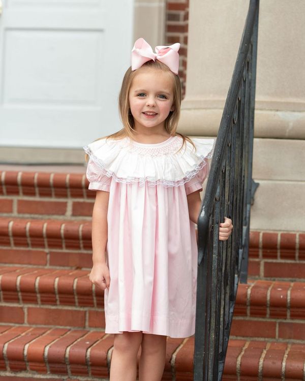 Pink Smocked Ruffle Neck Dress