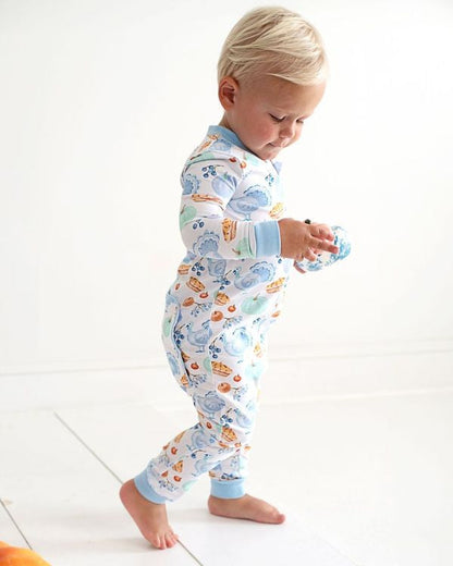 Blue Thanksgiving Print Knit Zipper Pajamas