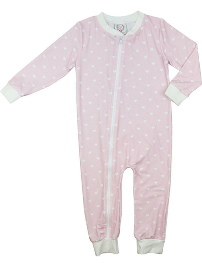 Pink And Ivory Heart Print Knit Zipper Pajamas