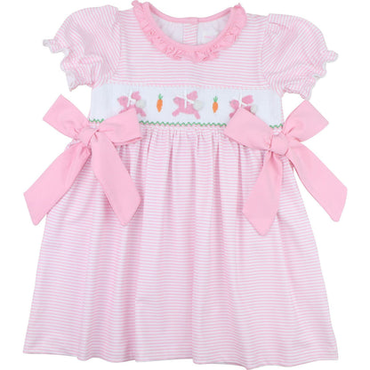 Pink Knit Stripe Smocked Bunny And Carrot Bow Dress