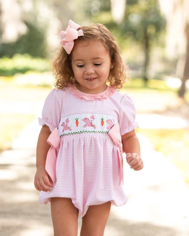 Pink Knit Stripe Smocked Bunny And Carrot Bow Bubble