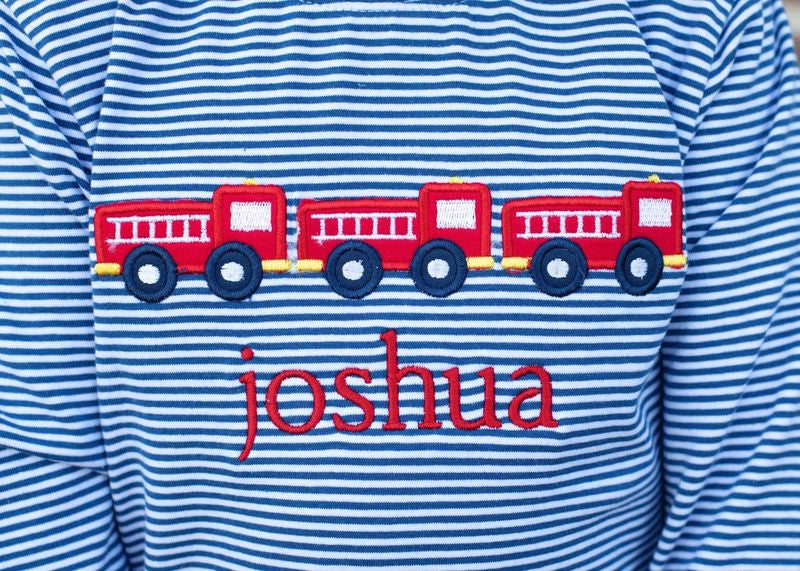 Navy Stripe Knit Applique Firetruck Shirt