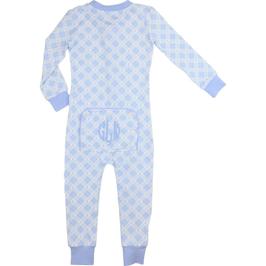 Blue Check Bunny And Bow Knit Zipper Pajamas