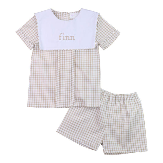 Khaki Windowpane Pleated Short Set