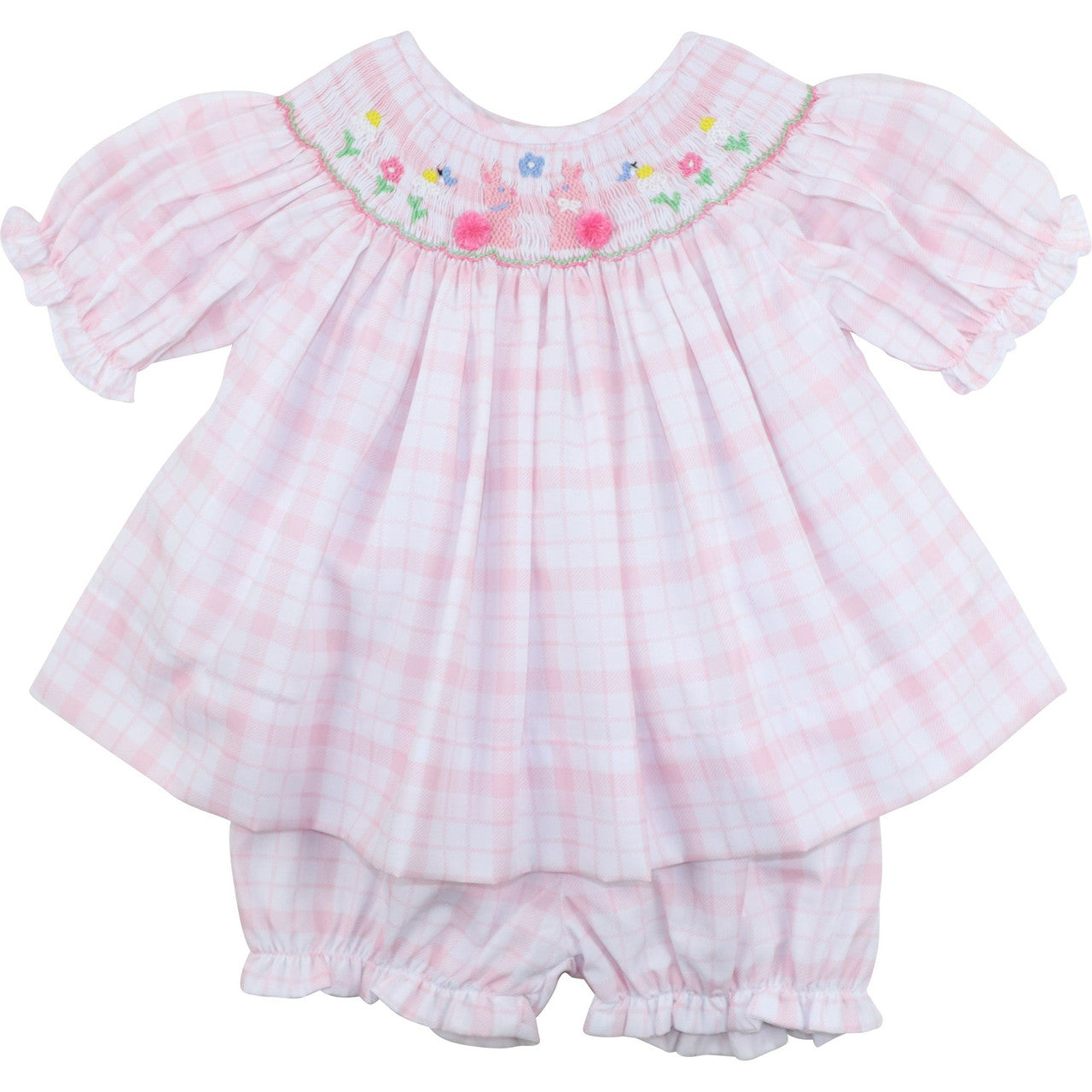 Pink Plaid Smocked Bunny And Flower Bloomer Set