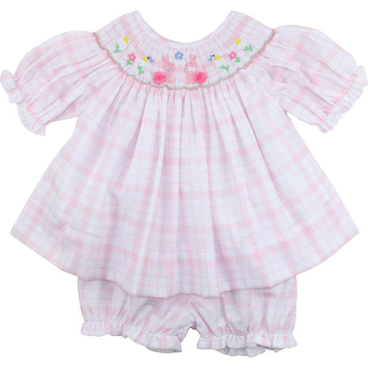 Pink Plaid Smocked Bunny And Flower Bloomer Set