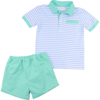 Mint And Blue Stripe Polo Short Set